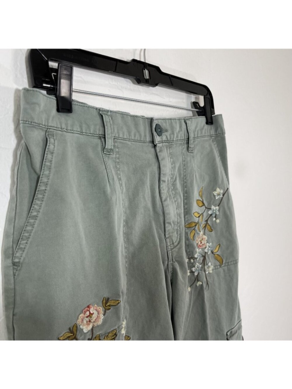 Sundance Pants Womens 8 Green Twill Cargo Embroidered Floral Elastic Waist - Picture 2 of 7